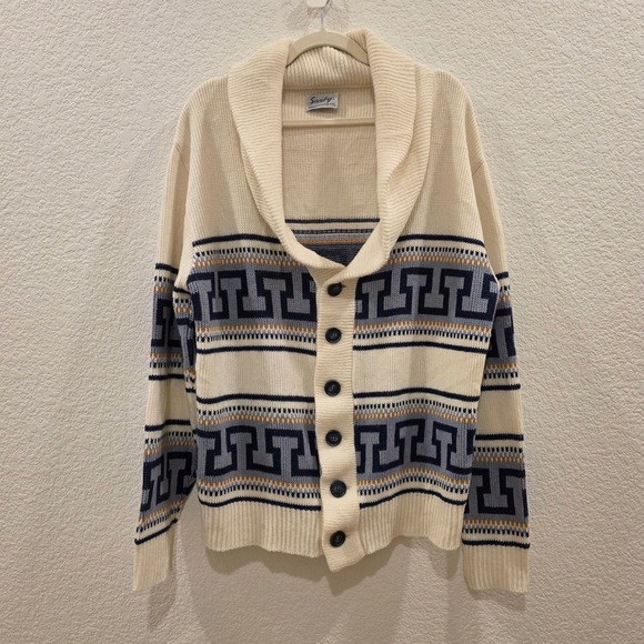 Sarby Other - Vintage Sarby Sportswear Greek Key Shawl Collar Cardigan Mens L Cream Blue Heavy